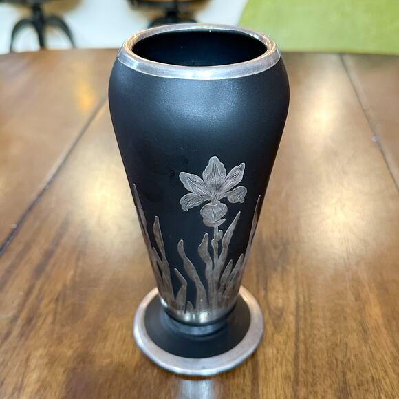 Vintage Black Satin Glass Vase with Sterling Silver Iris Overlay Art Deco Style - Picture 5 of 13
